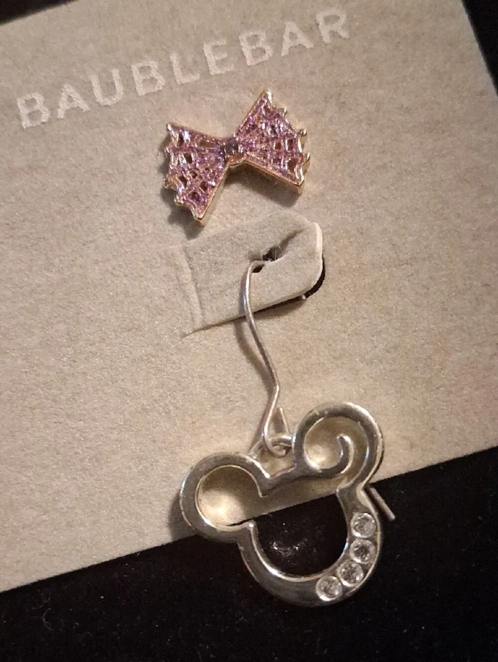 BaubleBar Kids Pink Bow with Silver Mickey Drop Earrings
